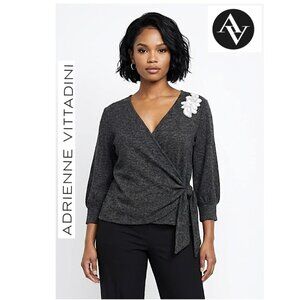 ADRIENNE VITTADINI - Pullover gray wrap sweater with front sequin detail